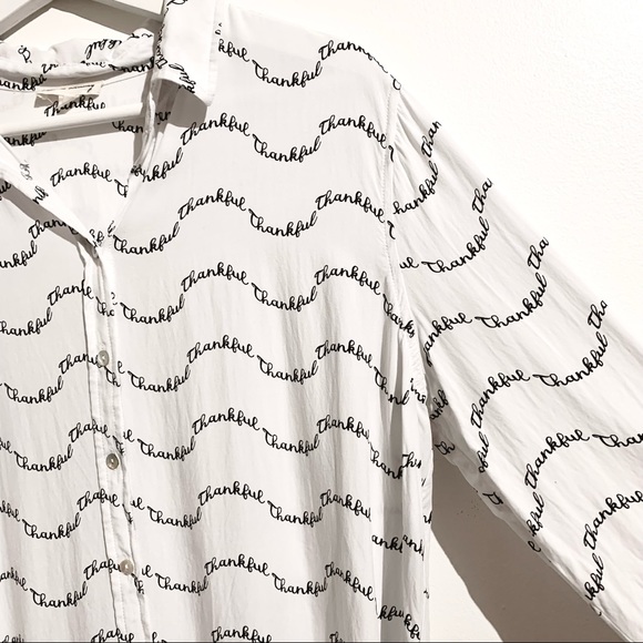 JANE AND DELANCEY Anthropologie Thankful Typography Button Down Shirt Size L - Picture 6 of 13